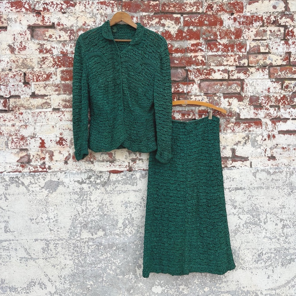 Antique 1940s Art Deco Green Western Woven Crochet Skirt Blouse Slip Marina S